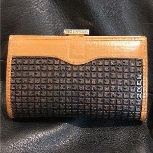 TED LAPIDUS Leather and Monogramed Hinged Wallet Clutch Engraved Clasp